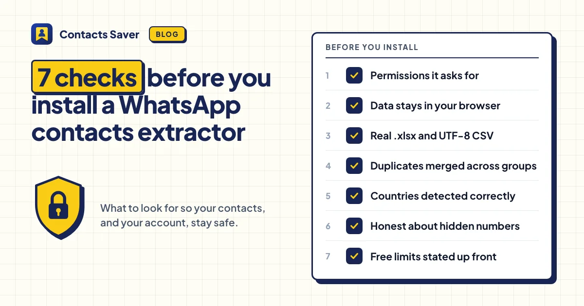 Checklist with seven ticks for choosing a WhatsApp contacts extractor extension safely