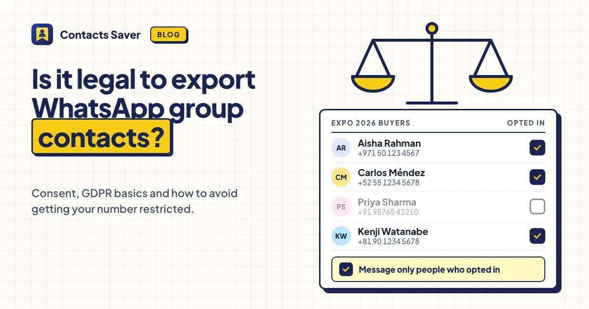 Is it legal to export WhatsApp group contacts: a contact list with an opt-in checkbox next to a balance scale