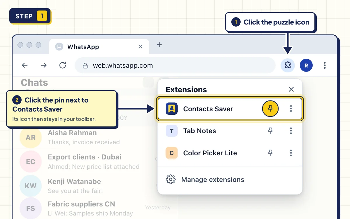 Pinning Contacts Saver in the extensions menu to export WhatsApp group contacts to Excel