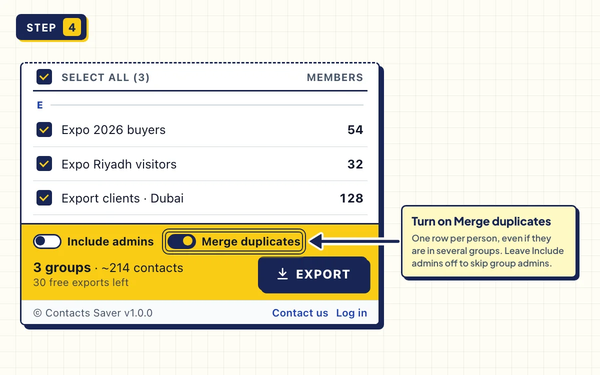Merge duplicates switched on in Contacts Saver for a multi-group WhatsApp contacts export