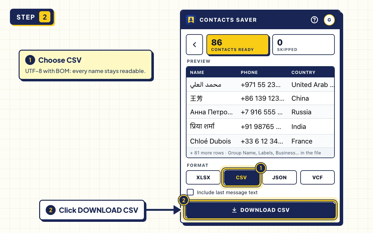 Contacts Saver result screen with CSV selected and the DOWNLOAD CSV button for exporting WhatsApp contacts