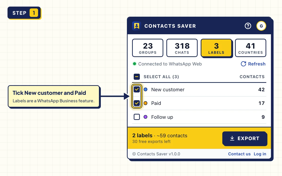 Contacts Saver LABELS tab with the New customer and Paid labels ticked, ready to export WhatsApp Business labels to Excel