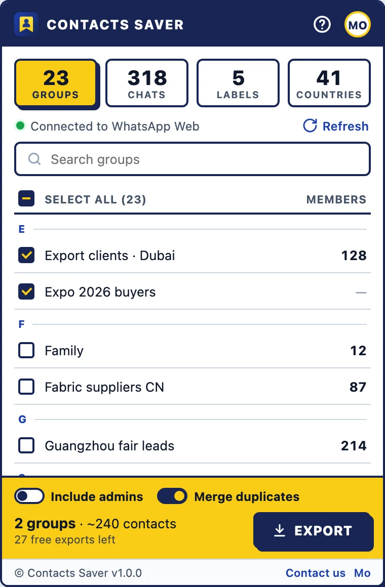 Contacts Saver popup exporting WhatsApp group contacts to an Excel spreadsheet